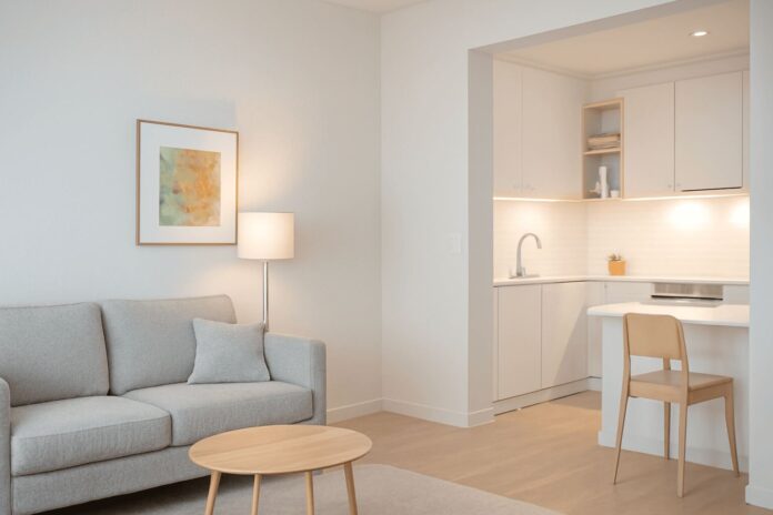 A smart home design with bright, modern living room and kitchen with soft lighting.