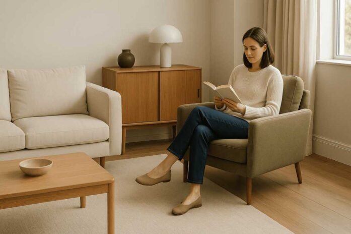 Woman testing armchair comfort in a cozy, neutral living room while reading a book.