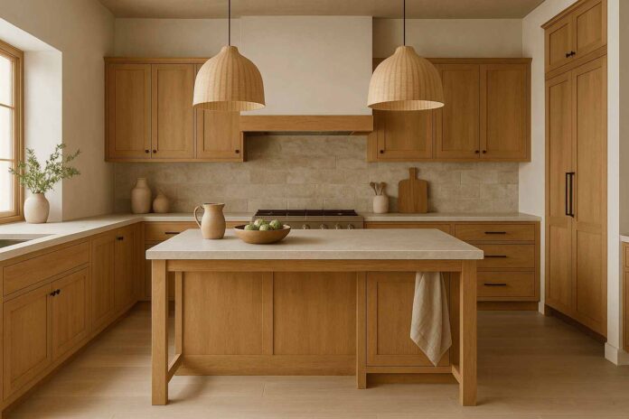 Best home upgrades kitchen with warm wood cabinets.