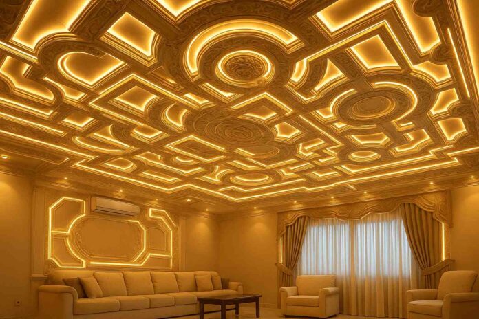 Overdesigned gypsum ceiling interior design regrets in beige living room with LED lights.