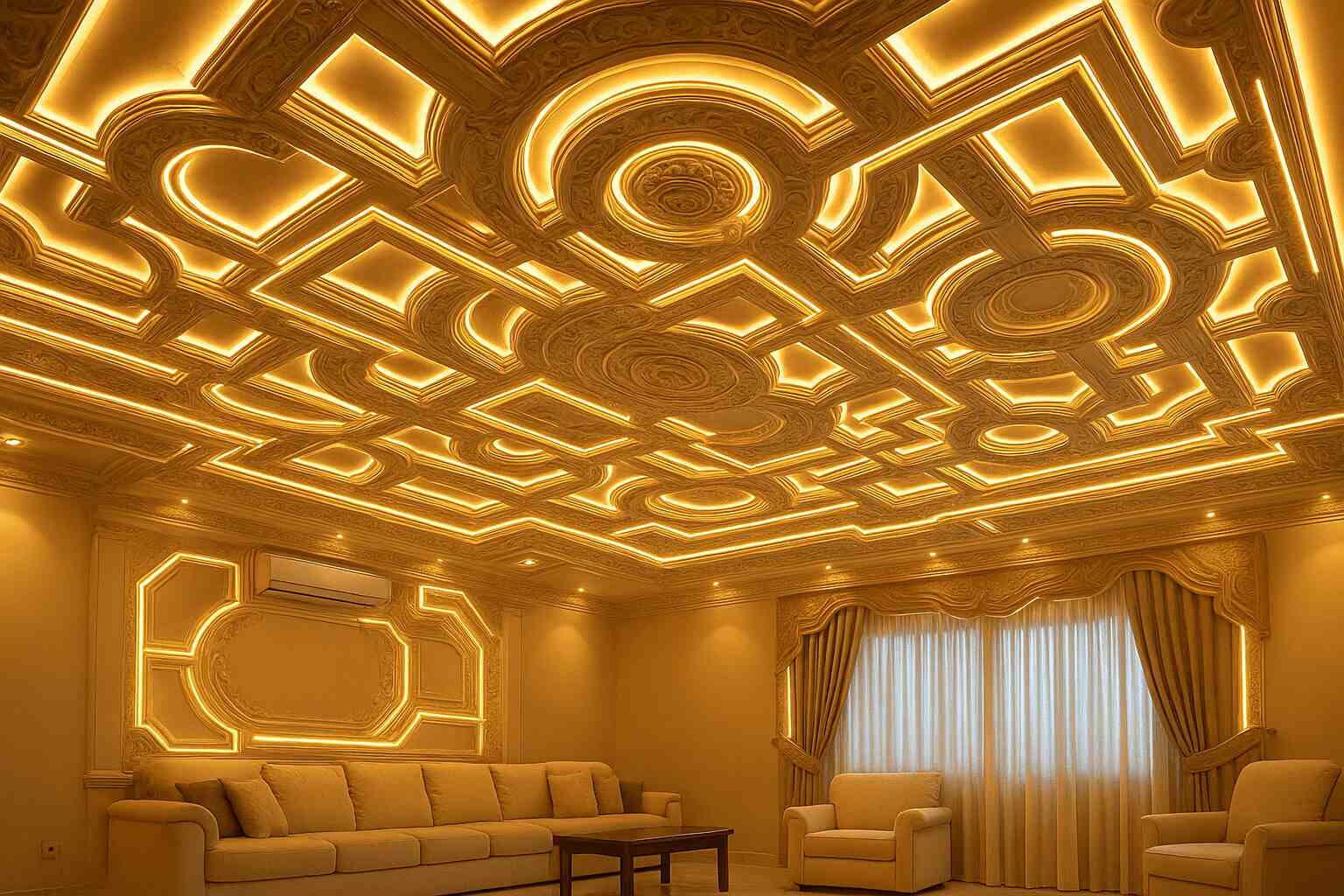 Overdesigned gypsum ceiling interior design regrets in beige living room with LED lights.
