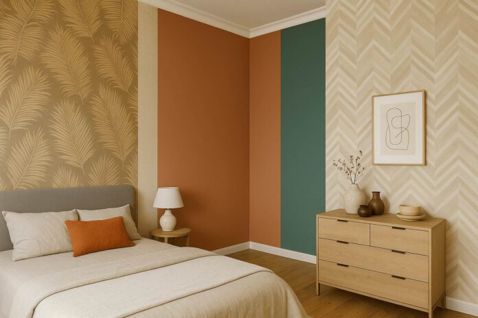 Contemporary interior design regrets in a colourful bedroom with multiple patterned accent walls
