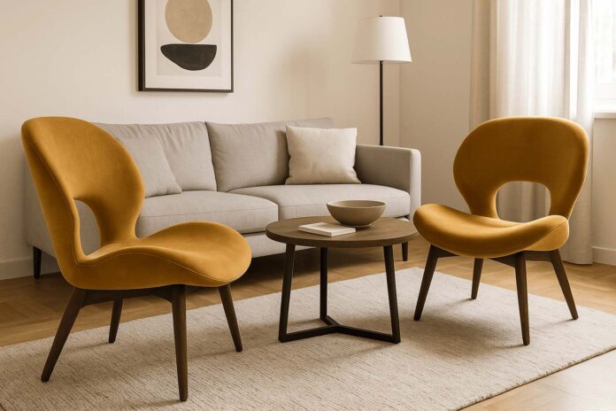 Designer chair interior design regrets in a neutral living room with mustard seats.