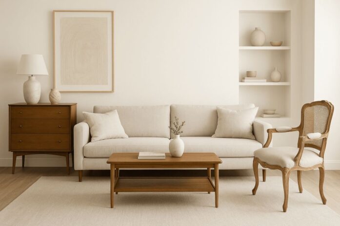 Elegant living room blending modern sofa with refinished vintage furniture in warm, neutral tones.