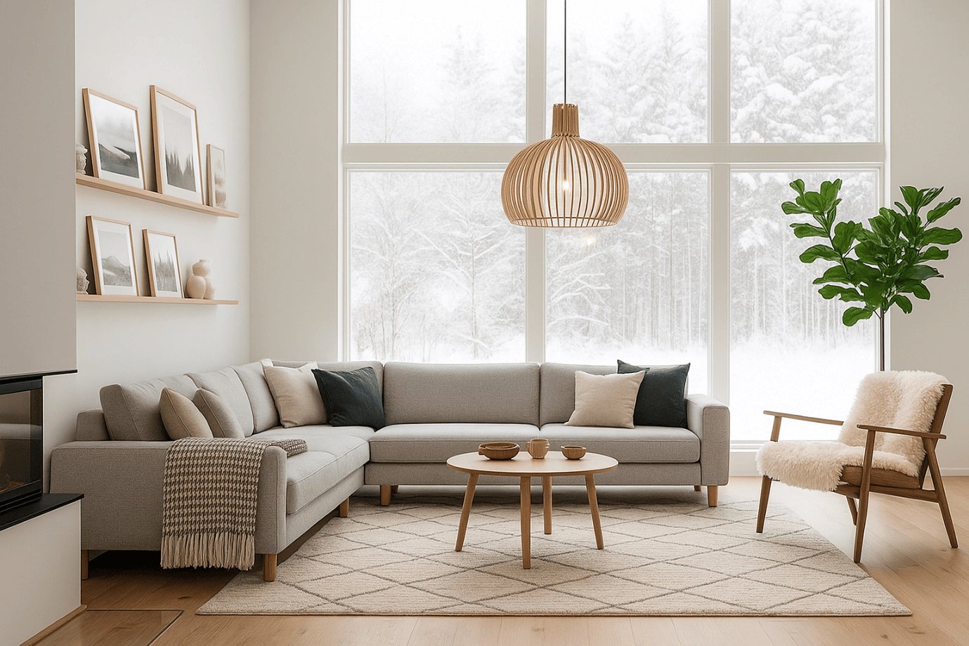 Scandinavian living room idea, Evening living space with soft ambient lighting,
