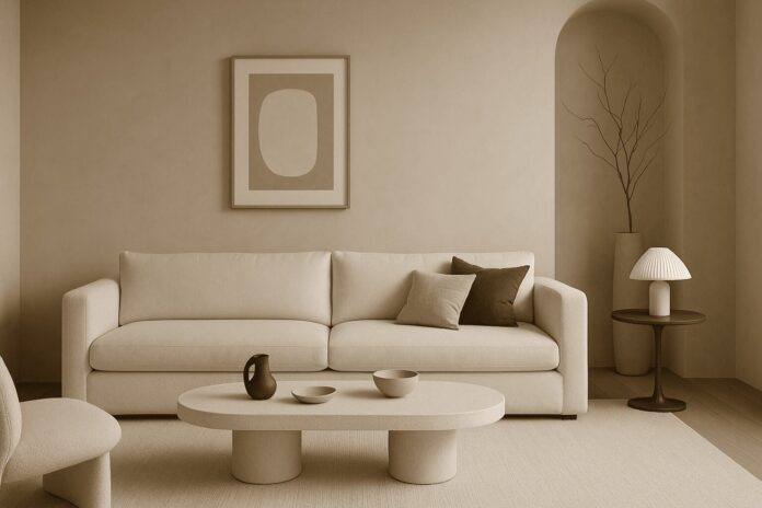 Minimalist interior design regrets in a beige living room with sculptural decor.