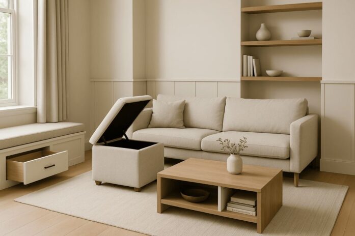 Minimalist living room with a hidden storage ottoman, window seat drawers, and floating wooden shelves.