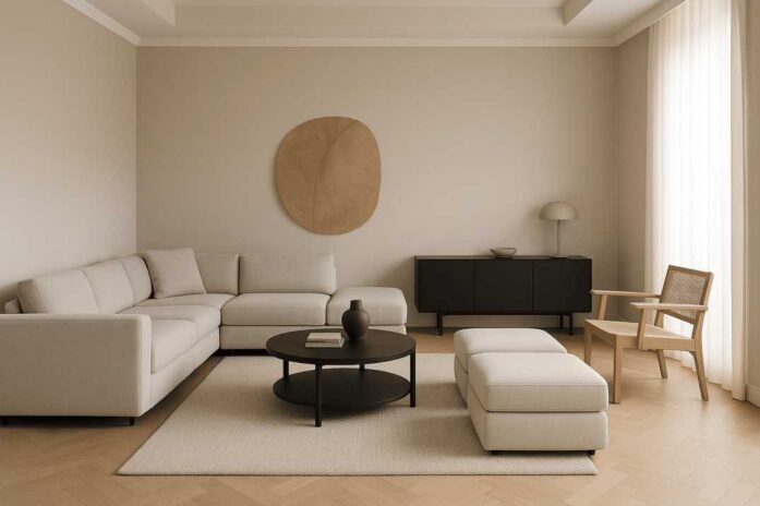 Minimalist living room with modular sofa, freestanding furniture, neutral tones, wood accents, and natural light.