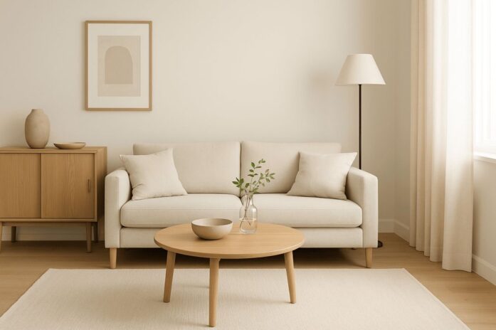 Minimalist living room with neutral tones, curated decor, natural light interior design.