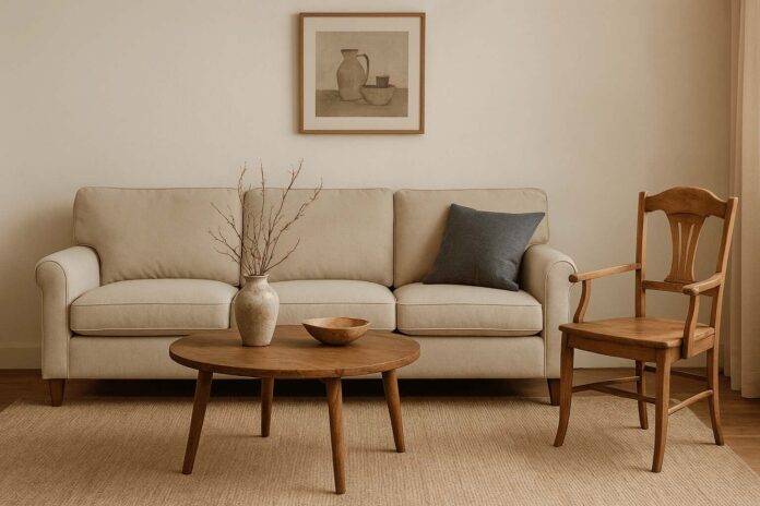 Modern interior design regrets in a beige living room with a wooden vintage chair.