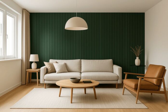 Modern living room with green accent wall interior design.