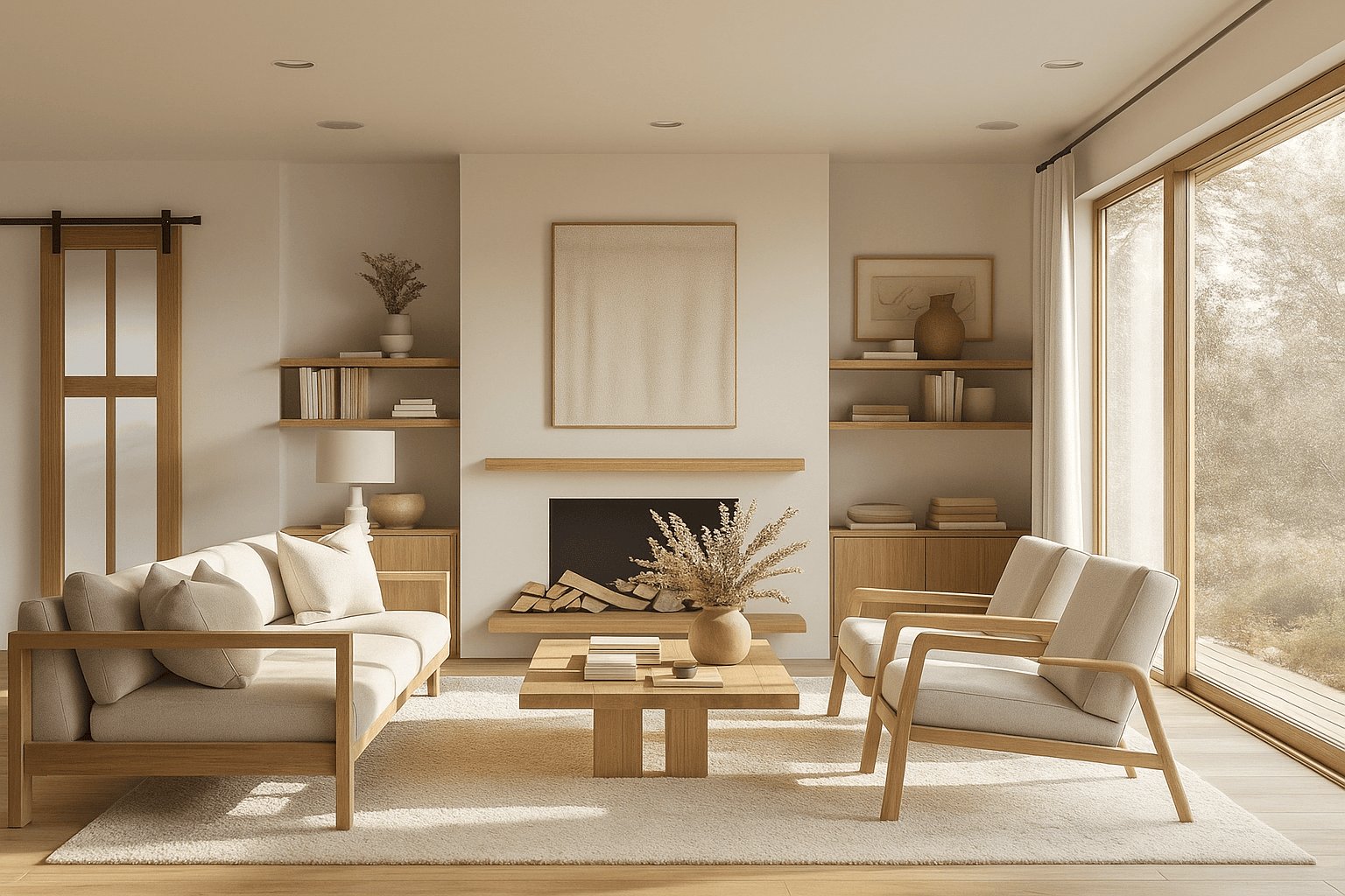 Scandinavian living room idea, beige tones