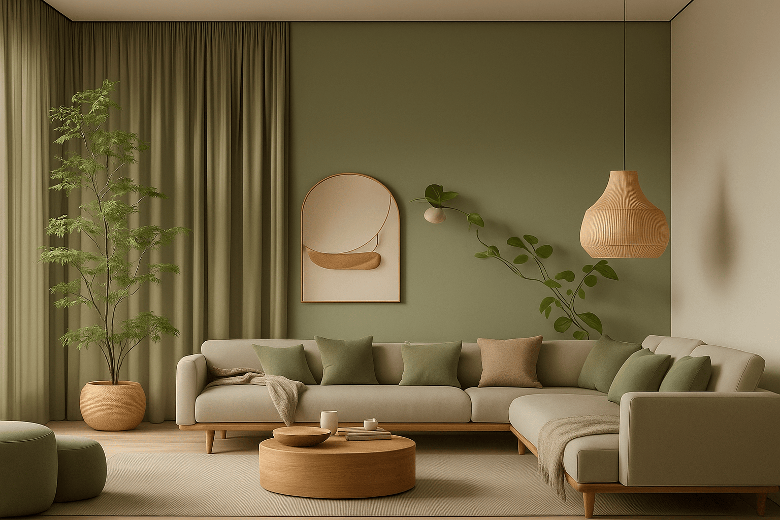 Scandinavian living room with sage green walls