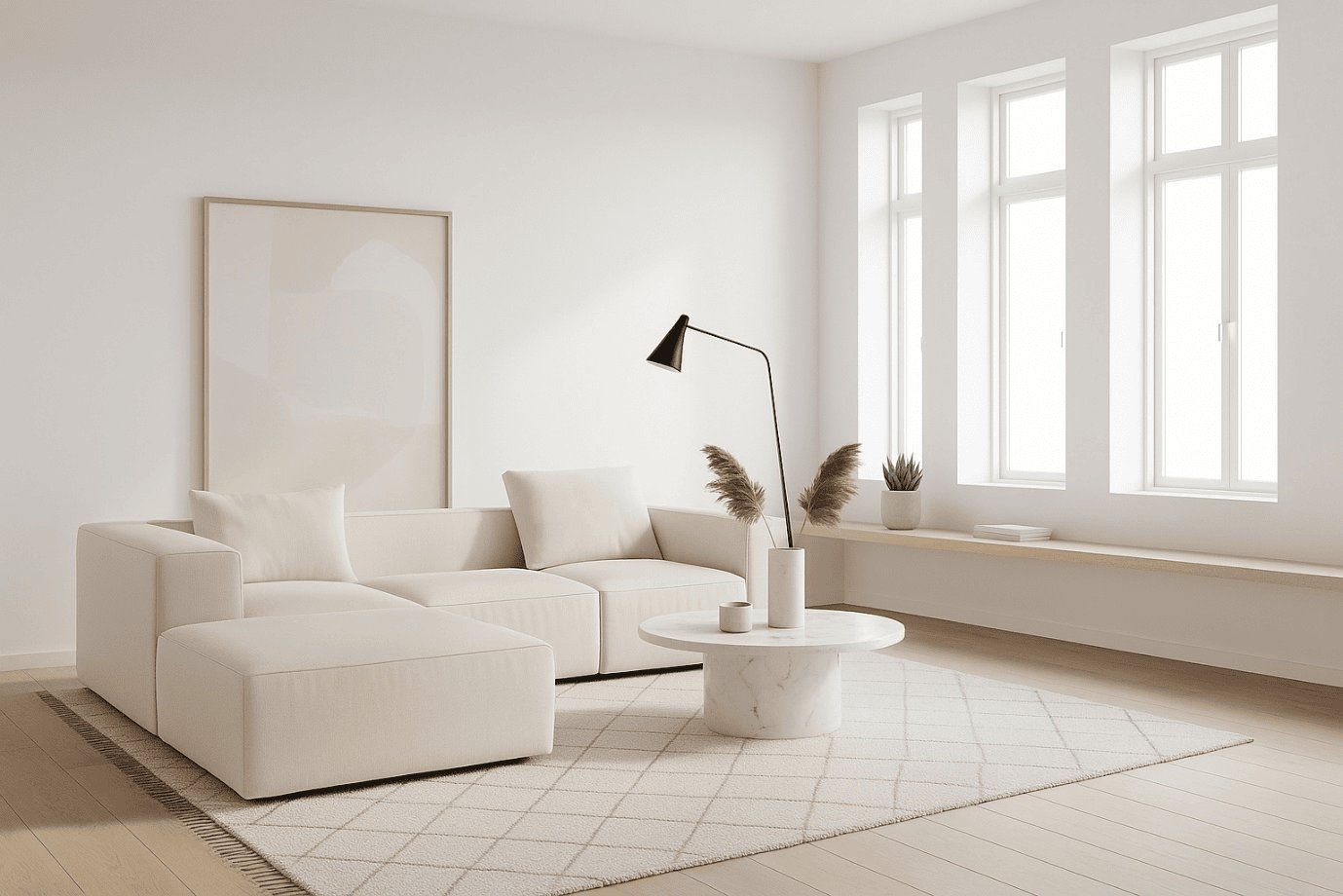 Scandinavian style living room idea, pristine white walls,