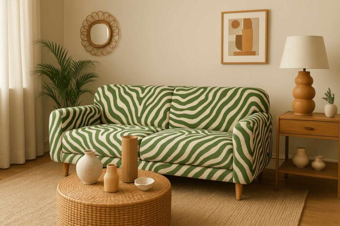 Trendy interior design regrets in modern living room with green zebra sofa.