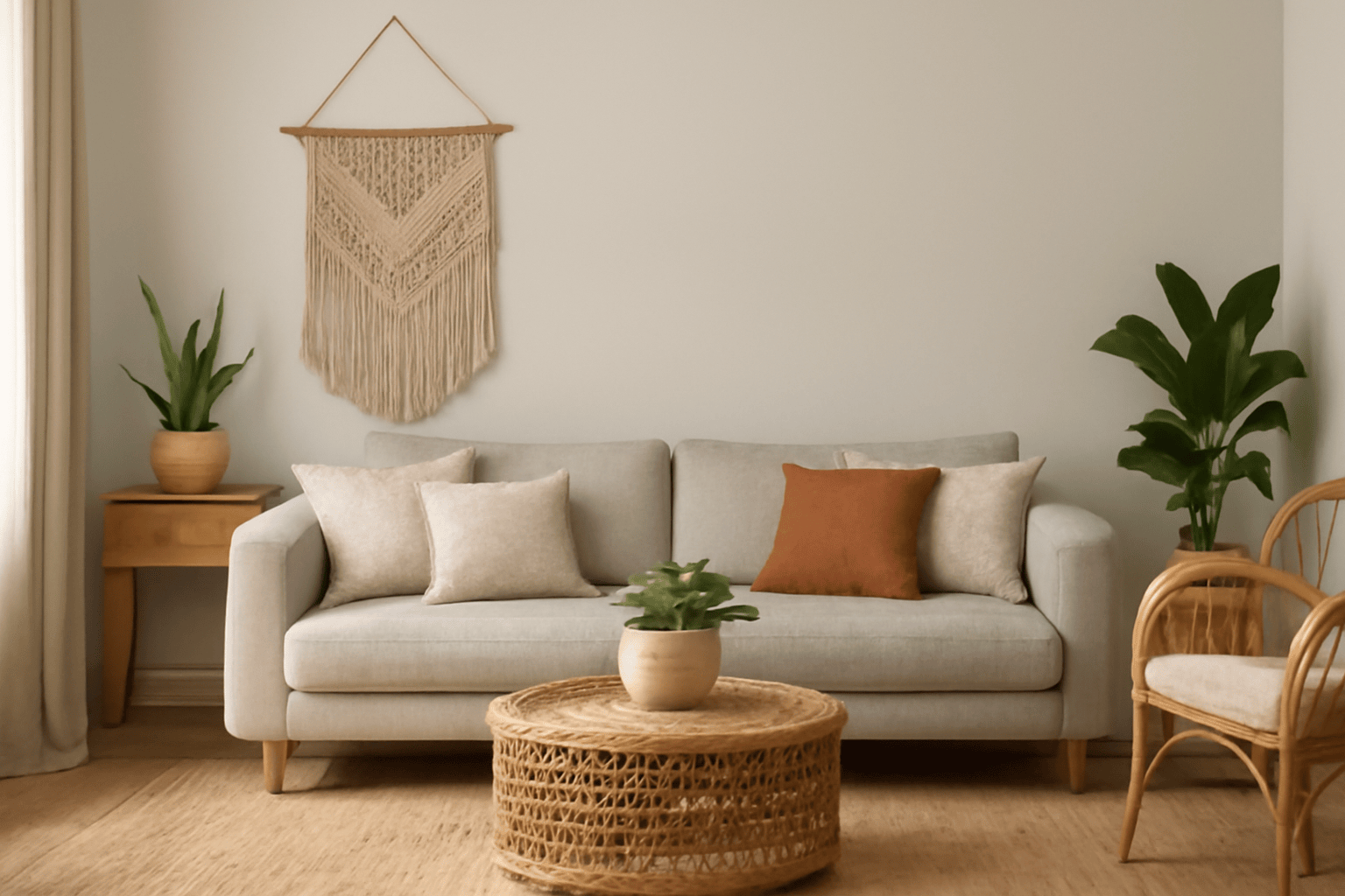 Neutral Scandinavian living room with Boho accents as part of an Interior Design Style guide