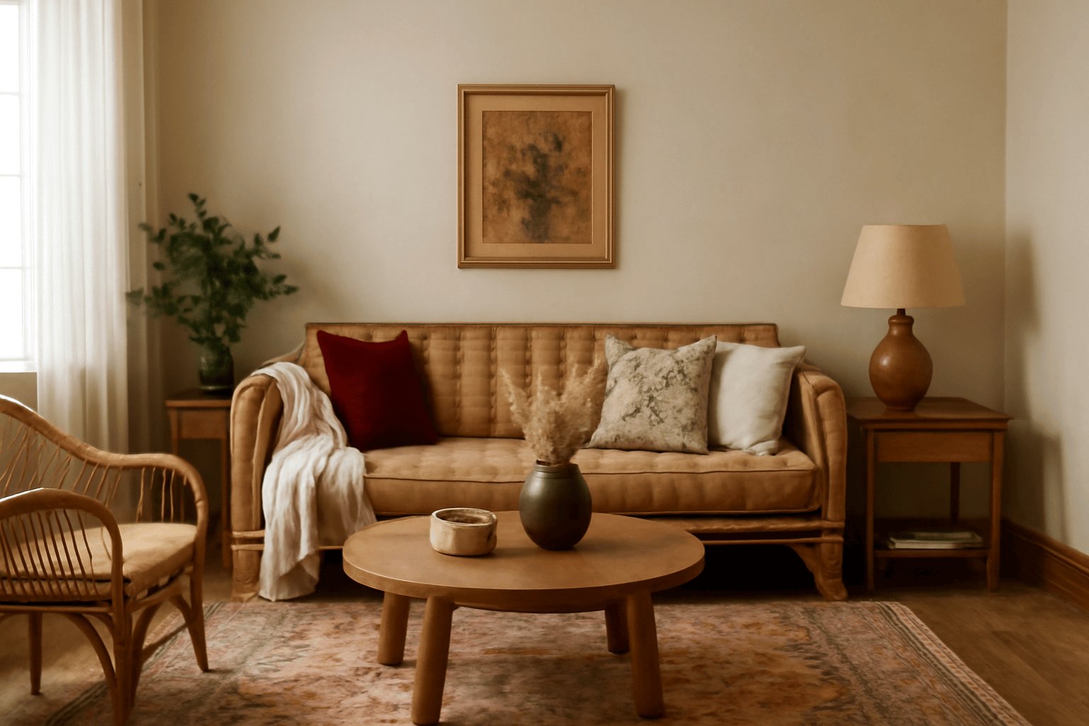 Cozy living room with tan sofa featured in an Interior Design Style guide