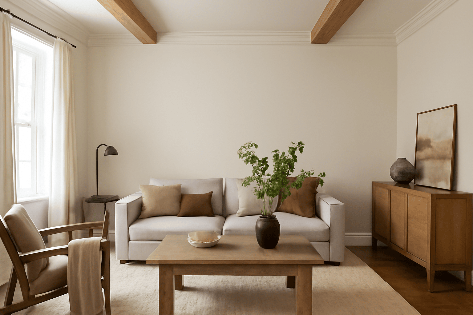 Living room with wooden furniture showcasing a warm and natural Interior Design Style