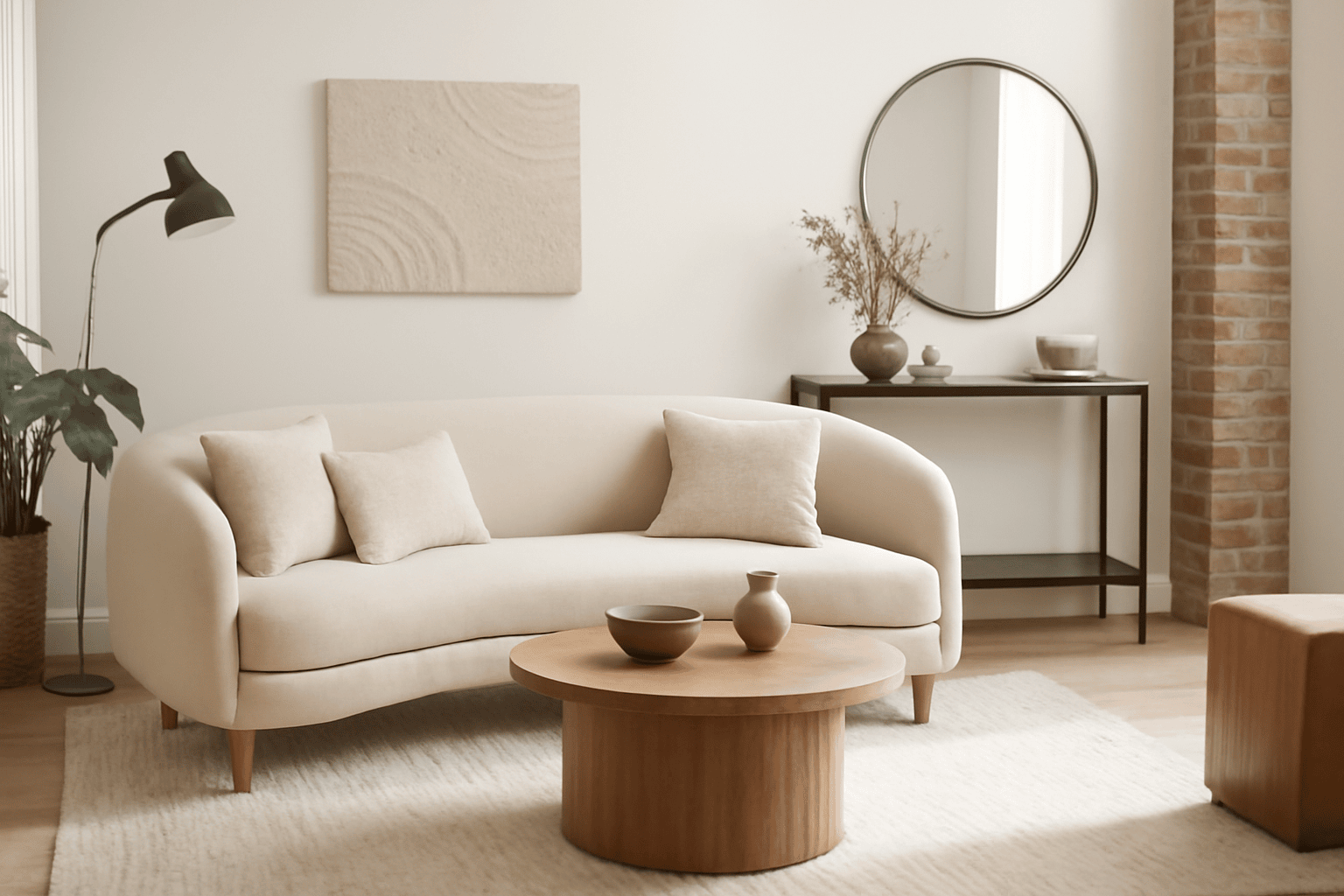 Scandinavian inspired minimalist living room with warm tones in an Interior Design Style guide