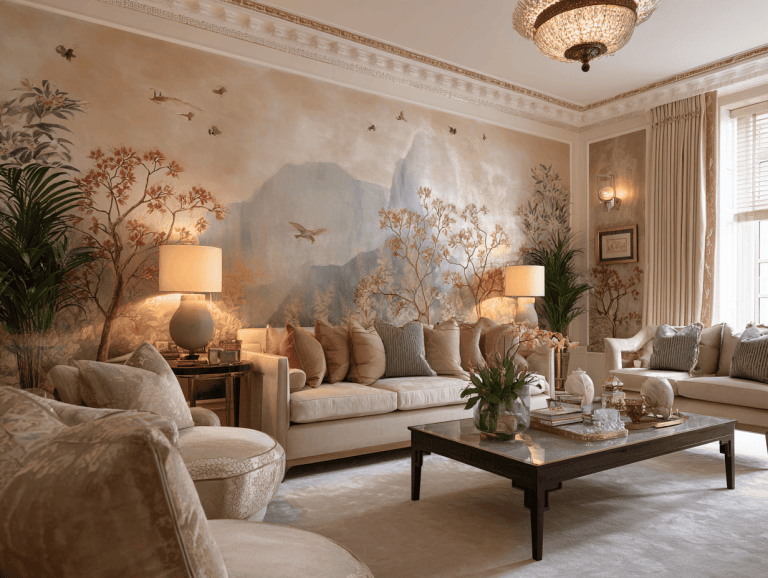 luxurious mural filled interior using warm tones and elegant décor to enhance the living room gracefully