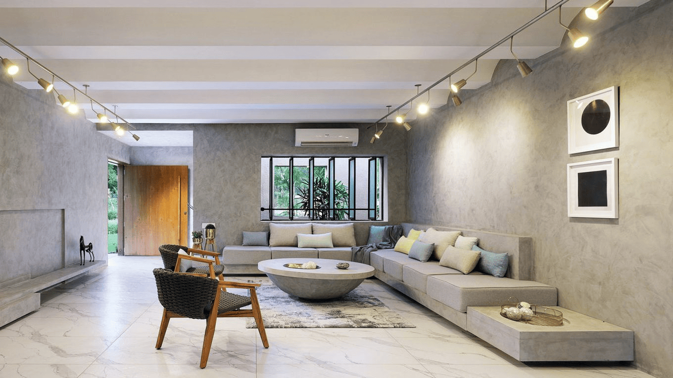 minimalist spacious layout using modern textures and lighting to enhance the living room beautifully