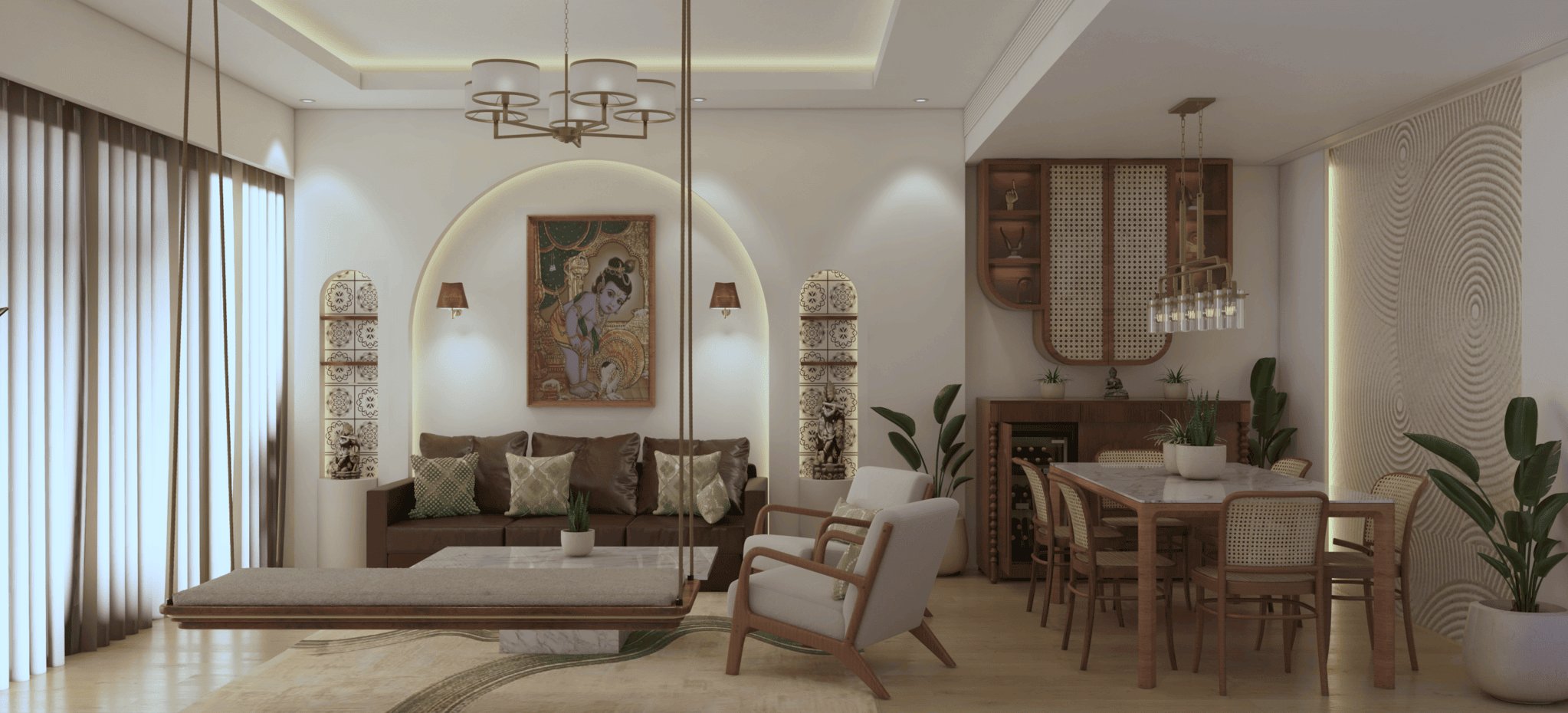 serene earthy toned Cherrywoods Villa design using natural materials and greenery to enhance the living room atmosphere