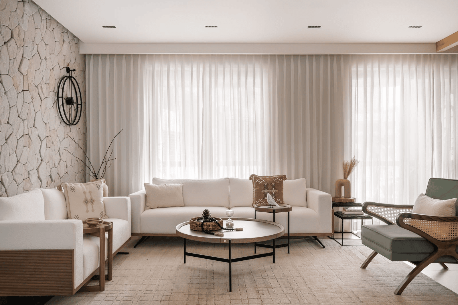 serene neutral toned setup showcasing natural textures that enhance the living room with calm elegance