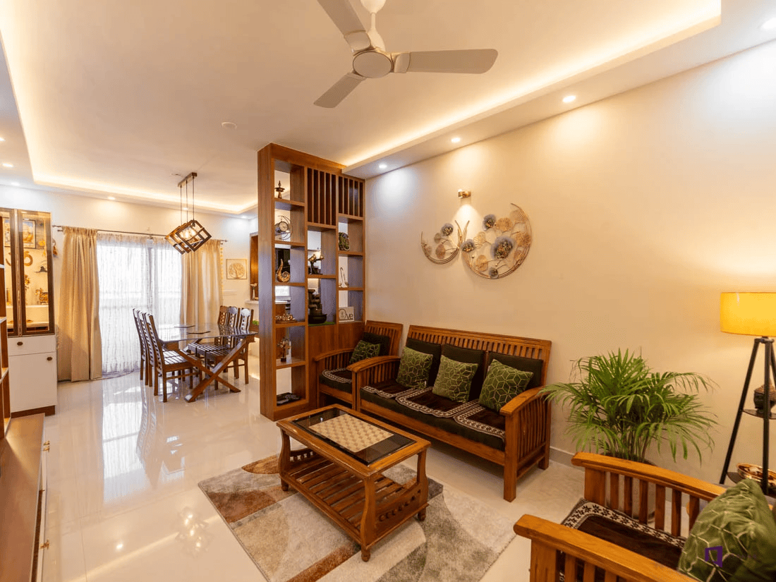 warm wooden themed interior using plants and soft lighting to enhance the living room with comfort