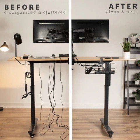 Before and after of a standing desk showing messy and organized cables perfect for Secret Santa Gift Under 50 AED