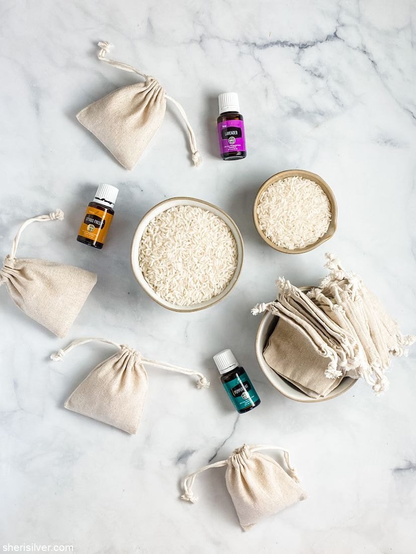 Natural linen drawstring pouches with rice and essential oils perfect for Secret Santa Gifts Under 50 AED