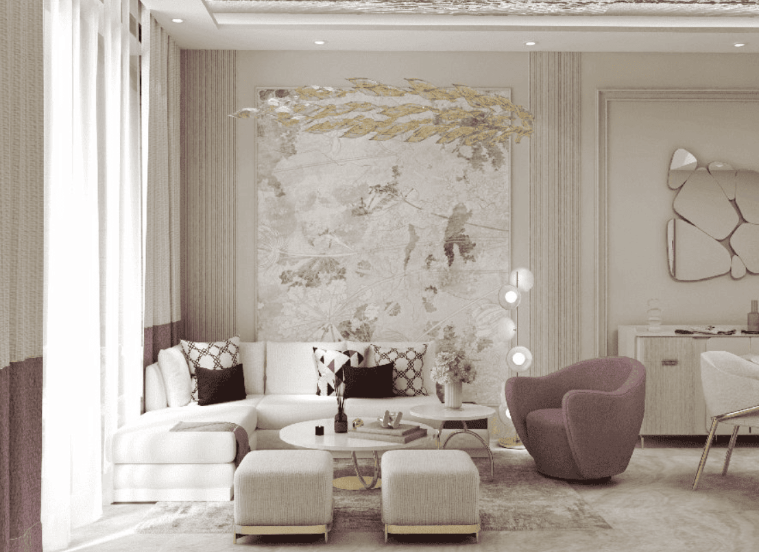 Soft neutrals and muted mauve create a calm elegant space, naturally boosting your mood.