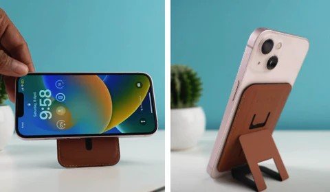 Brown wooden collapsible phone stand holding a smartphone perfect for Secret Santa Gifts Under 50 AED