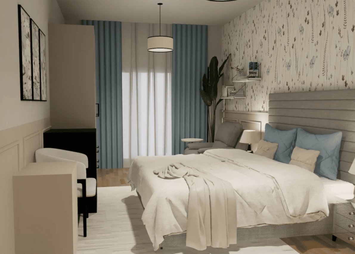 calm bedroom with soft neutral colors and blue accents creates a serene mood-boosting atmosphere