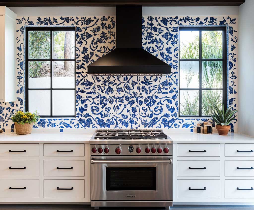 kitchen backsplash features bold blue and white patterned tiles