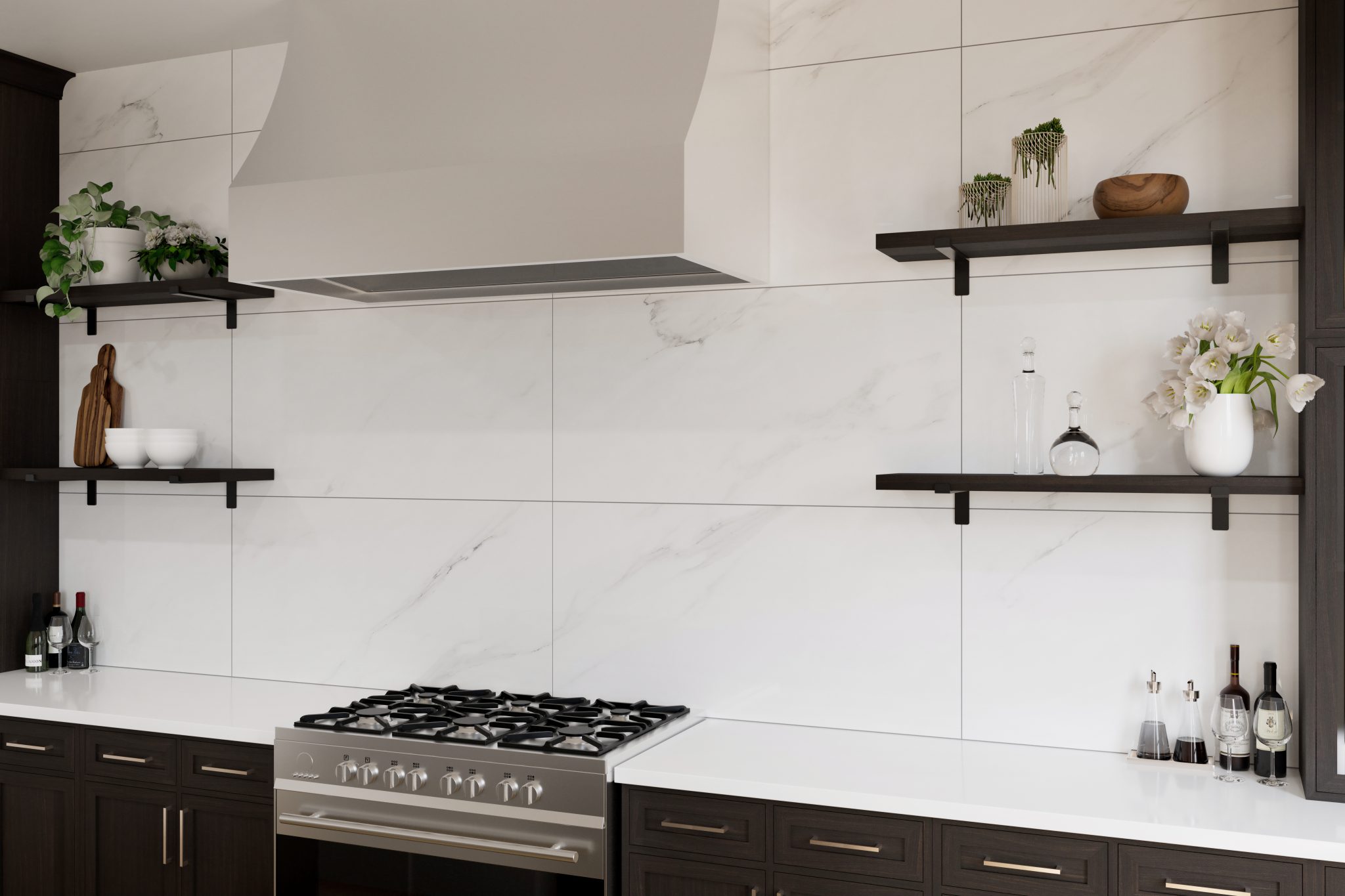 kitchen backsplash features large white porcelain slabs