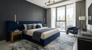 luxcury bedroom with blue tone to Make a Bedroom Feel More Luxurious