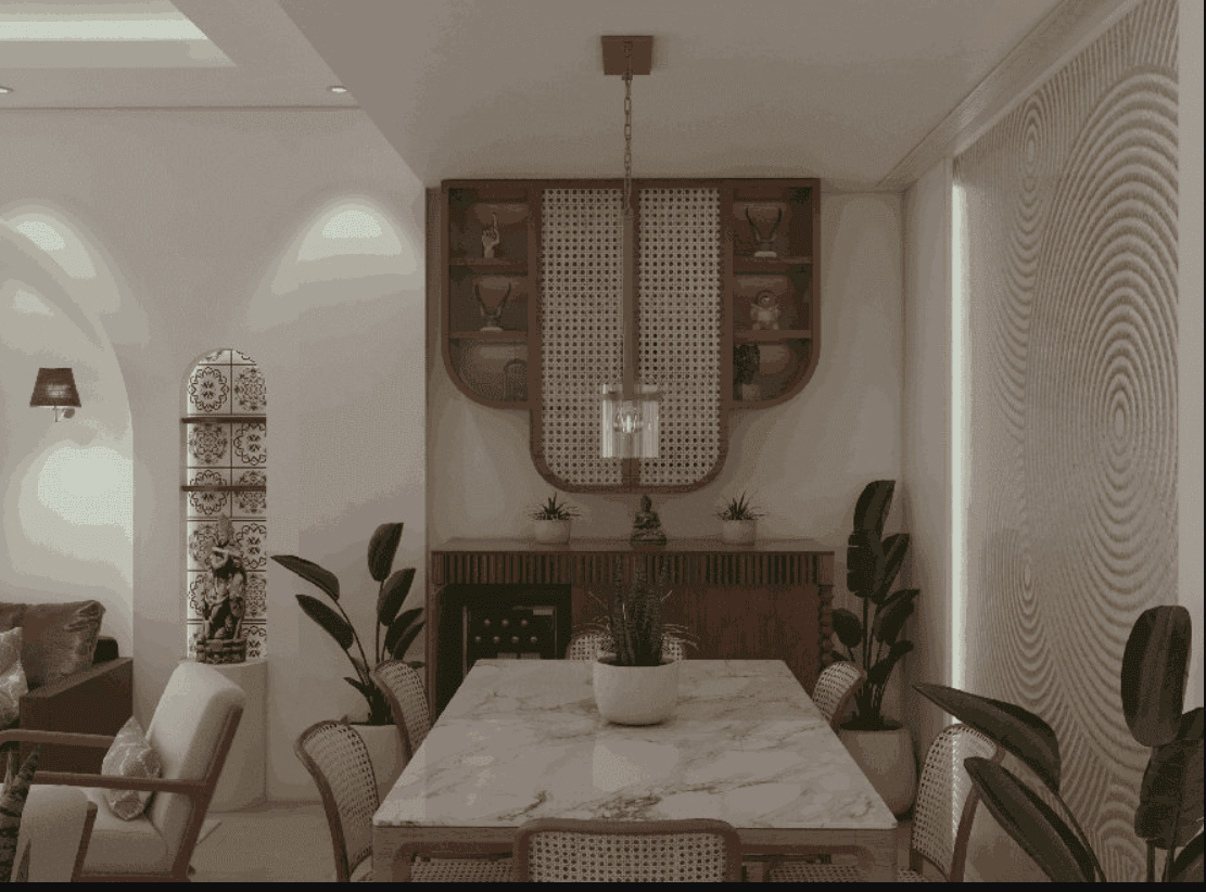 minimalist dining area with neutral tones and natural elements radiates calm and gently boosts your mood