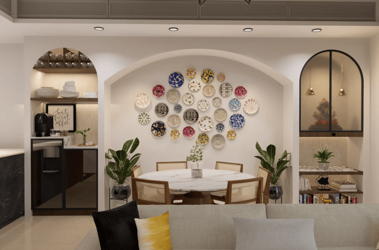 vibrant dining area with colorful plates creates an energetic, mood lifting atmosphere