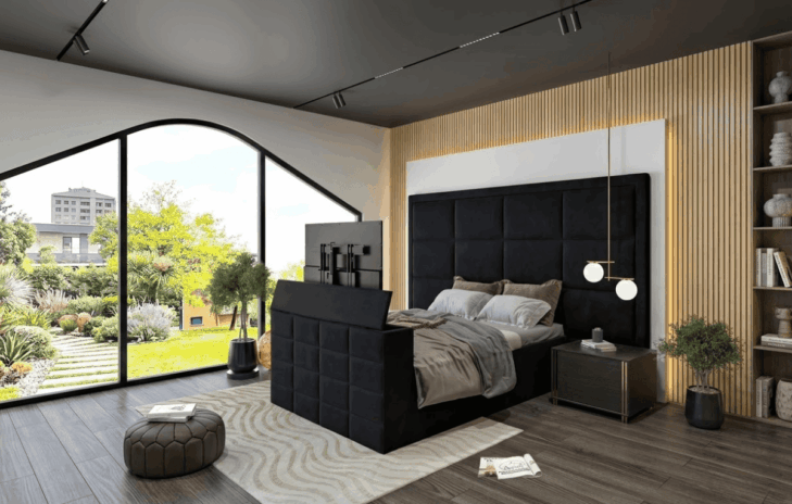 Black Tufted Bed with Concealed Television Bedroom Design Ideas