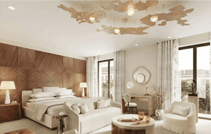 Ivory Curves & Geometric Woodgrains Bedroom Design Ideas