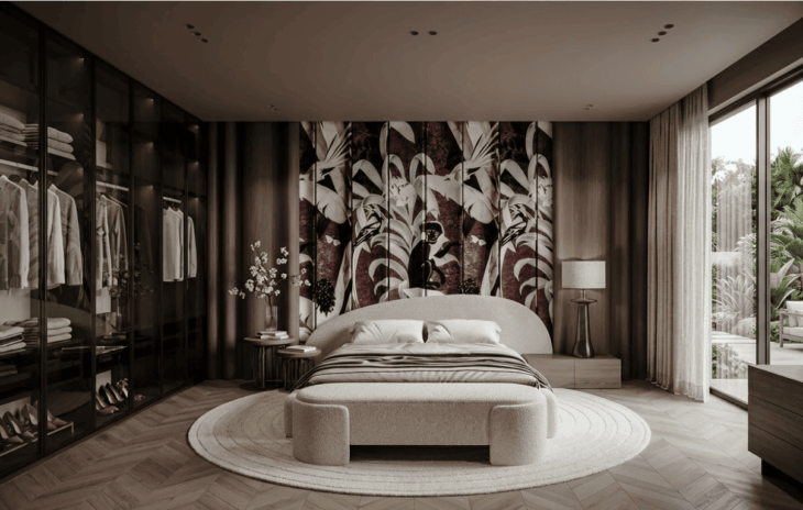 Maroon Mural Art Bedroom Modern Design Ideas