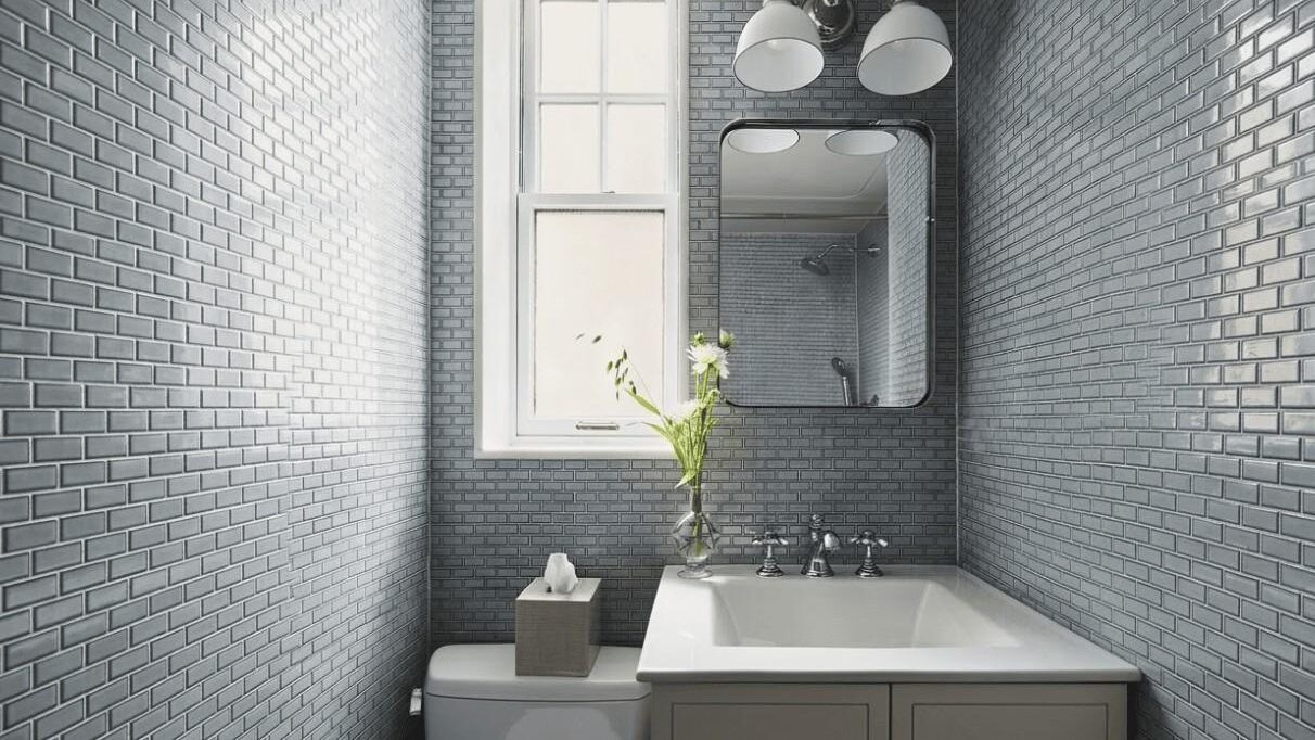 Grey Brick Layered Small Bathroom Design Ideas