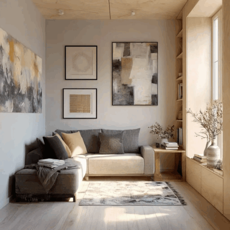 Single tone and fabric for harmony Modern Small Living room ideas