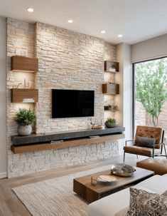 Textured Stone Wall Modern Small Living room ideas
