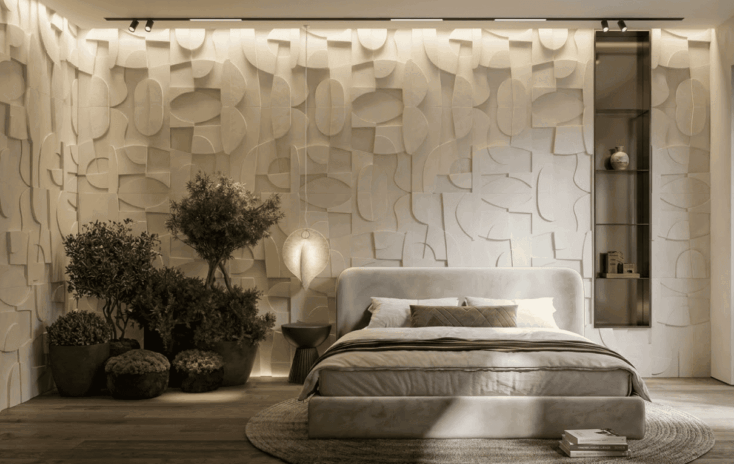 Elegant bedroom design in modern style with a biophilic corner
