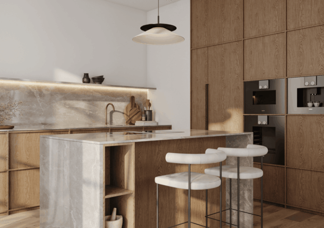 Japandi Kitchen Design with a central kitchen island and waterfall edge