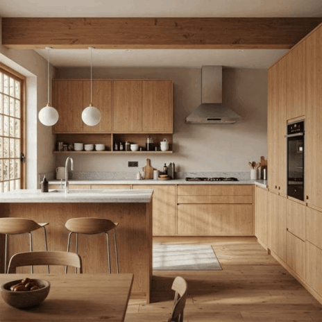 Japandi Kitchen Design with integrated storage solutions and hidden hood vents