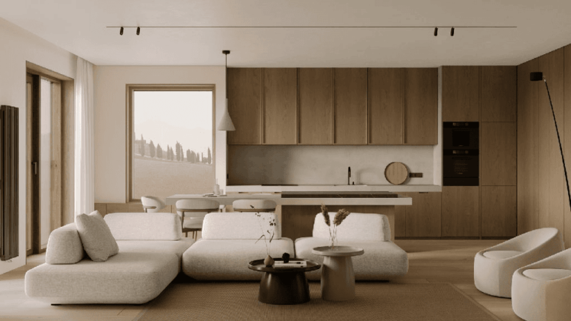 Japandi Kitchen Design with uniform kitchen to living space flooring