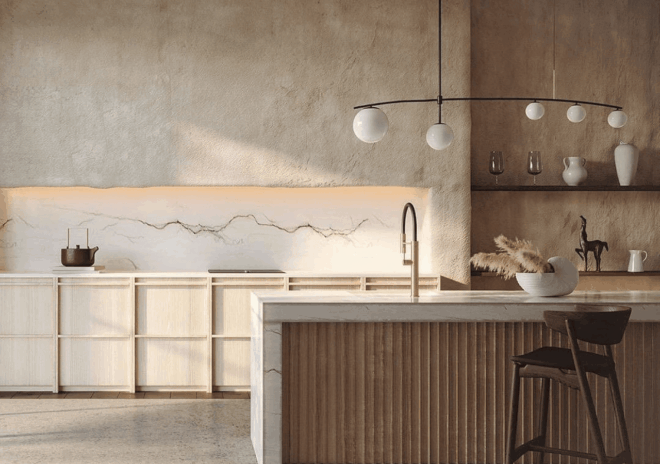 Japandi Kitchen design with Japandi neutral colours like warm oatmeal, sand, and muted clay