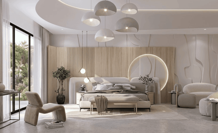 Oak & Curvilinear Elegant Bedroom Design